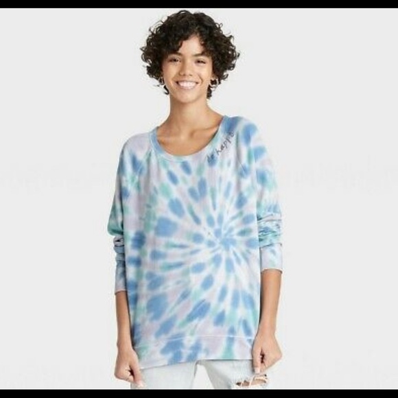 Anthro Be Happy Graphic Sweatshirt Grayson Threads -Blue Green Purple Tie Dye - Picture 1 of 6